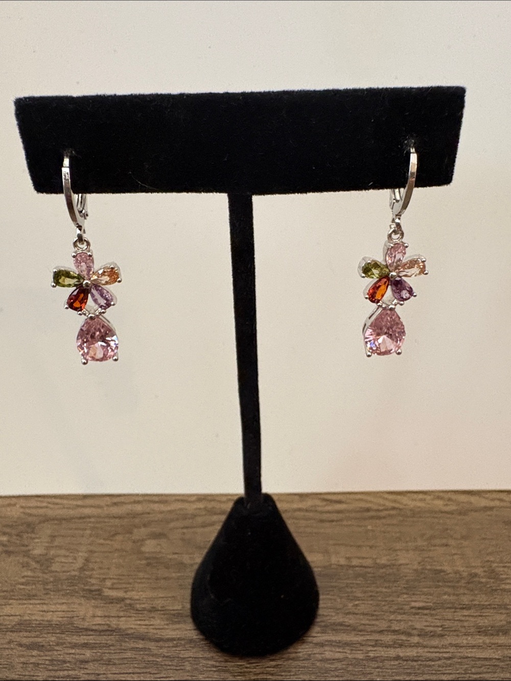 Pretty Bird Multicolor Crystal Drop Earrings with Pink Teardrops